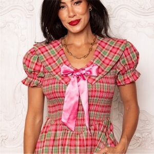 Ivy City Co Pink and Green Plaid Dress with Bow